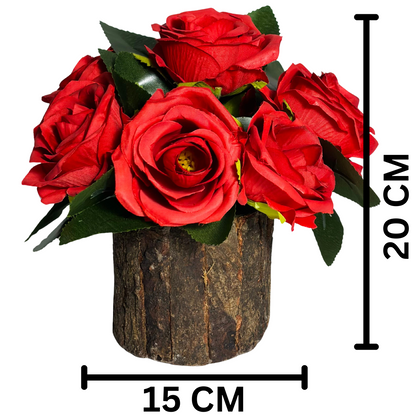 Wooden Potted Artificial Fabric Rose Flower Bunch Wooden Pot
