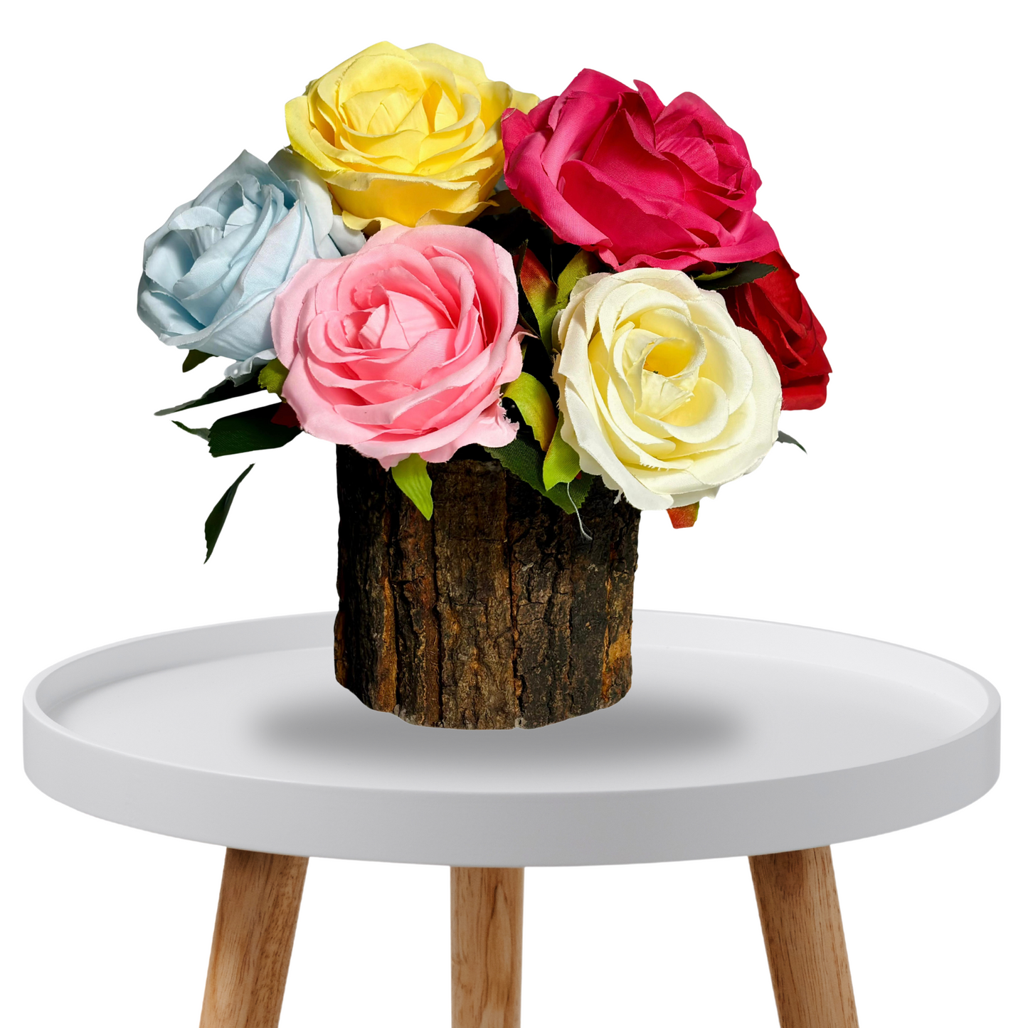Wooden Potted Artificial Fabric Rose Flower Bunch