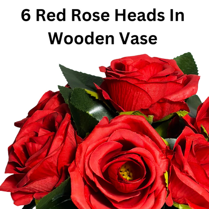 Wooden Potted Artificial Fabric Rose Flower Bunch Wooden Pot