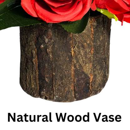 Wooden Potted Artificial Fabric Rose Flower Bunch Wooden Pot