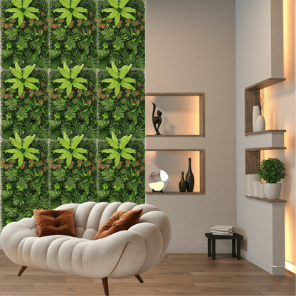 Dekorly Artificial Green Wall Panel with Mixed Tropical Leaves – Faux Greenery Wall Mat For Room | Living Room | Bedroom | Balcony Decor, 40x60Cm