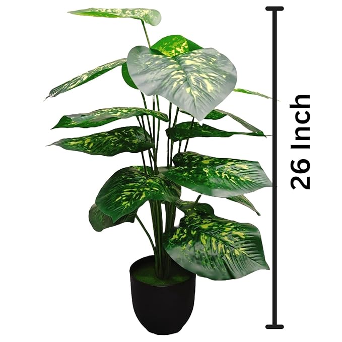 Dekorly Plastic Artificial Palm Plants Leaves Faux Turtle Leaf Fake Monstera Tropical Large Palm Tree Leaves Outdoor Leaf Decorations | 26Inch Plants with Blackpot (Green-Yellow-Leaves)