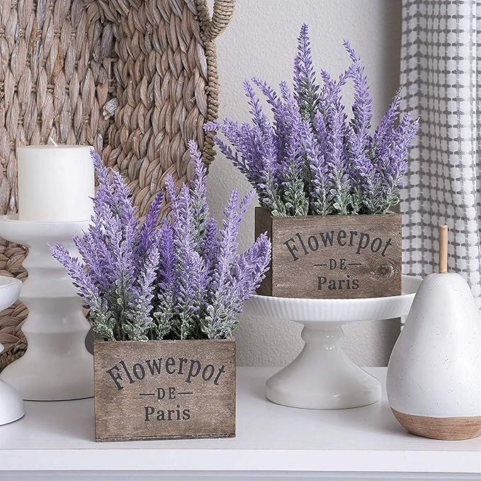Dekorly 4Pcs Artificial Lavender Faux Plastic Plants Purple Flowers for Home Decor Wedding Kitchen Garden Patio Porch Window Box Office Table Centerpieces Indoor Outdoor Decorations