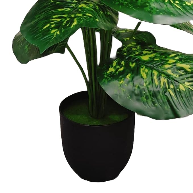Dekorly Plastic Artificial Palm Plants Leaves Faux Turtle Leaf Fake Monstera Tropical Large Palm Tree Leaves Outdoor Leaf Decorations | 26Inch Plants with Blackpot (Green-Yellow-Leaves)