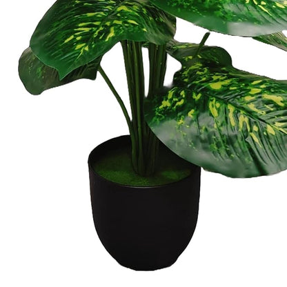 Dekorly Plastic Artificial Palm Plants Leaves Faux Turtle Leaf Fake Monstera Tropical Large Palm Tree Leaves Outdoor Leaf Decorations | 26Inch Plants with Blackpot (Green-Yellow-Leaves)