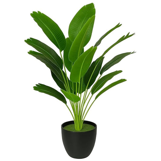 Dekorly Plastic Artificial Banana Plants Leaves Faux Turtle Leaf Fake Monstera Tropical Large Tree Outdoor Leaf Decorations | 18 Leaves | 26Inch (Black Pot | Only One)