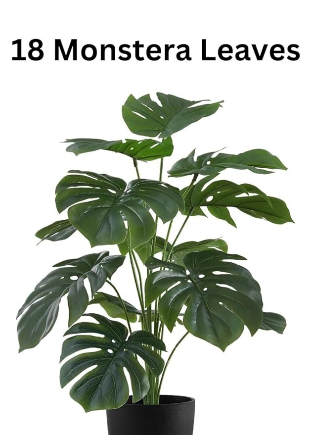Dekorly Plastic Artificial Palm Plants Leaves Faux Turtle Leaf Fake Monstera Tropical Large Palm Tree Leaves Outdoor Leaf Decorations | 18 Leaves Plants | 26Inch Plants | with Blackpot (Green)
