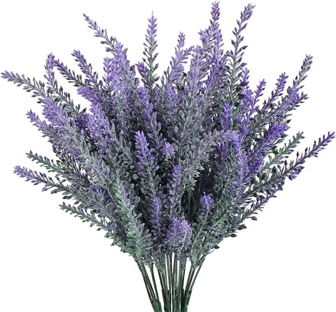 Dekorly 4Pcs Artificial Lavender Faux Plastic Plants Purple Flowers for Home Decor Wedding Kitchen Garden Patio Porch Window Box Office Table Centerpieces Indoor Outdoor Decorations