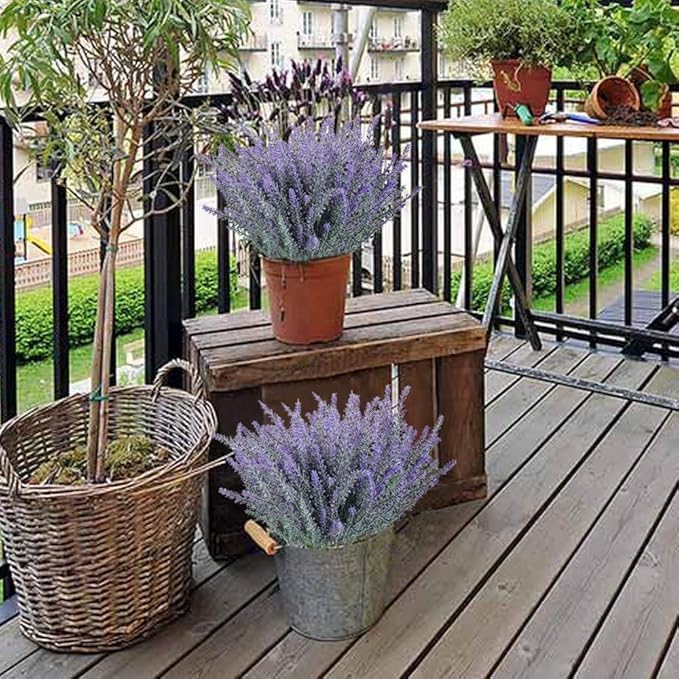 Dekorly 4Pcs Artificial Lavender Faux Plastic Plants Purple Flowers for Home Decor Wedding Kitchen Garden Patio Porch Window Box Office Table Centerpieces Indoor Outdoor Decorations