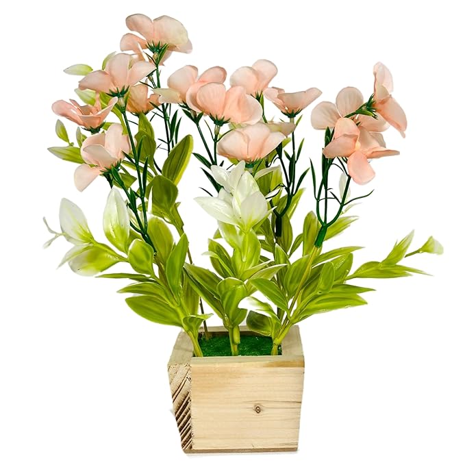 Dekorly Artificial Daisy Fake Flowers Plant Plastic Greenery Shrubs Plants for Home Garden Gifting Shelves Window Table Decor (Height : 25 CM, Pack of 2 Wooden Pot Plants)