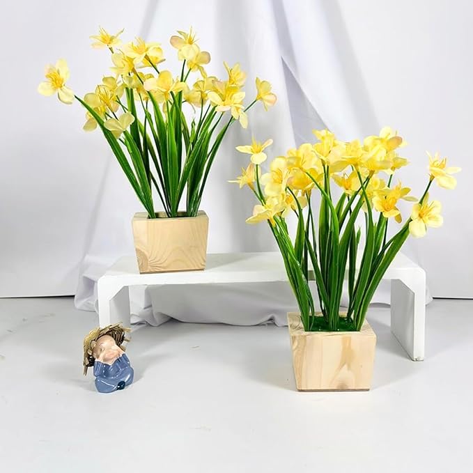 Dekorly Artificial Grass Bush with Daisies Flowers Wood Plants, Office Bedroom Living Room Tabletop Bathroom Decor for Indoor Plants Home Wedding Farmhouse Decor | Height : 25CM | Pack of 2