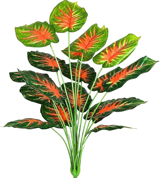 Dekorly Plastic Artificial Palm Plants Leaves Faux Turtle Leaf Fake Monstera Tropical Large Palm Tree Leaves Outdoor Leaf Decorations | 26Inch Plants with Blackpot (Red Leaves)