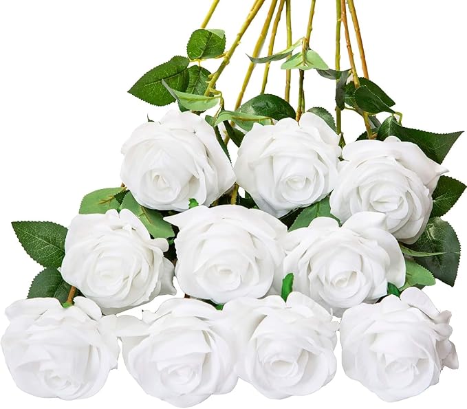 Dekorly 10pcs Fake Roses Artificial Silk Flowers Faux Rose Flower Long Stems Bouquet for Arrangement Wedding Centerpiece Party Home Kitchen Decor