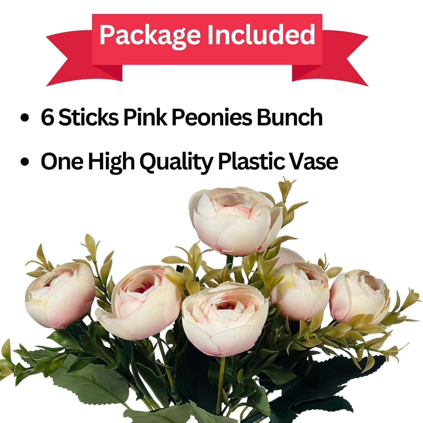 Dekorly Faux Silk,Plastic Artificial Peony Flowers Bunch|White Vase with Flowers Bunch|Artificial Plants for Home Office Hotel Decor|Bedroom Living Room Bathroom Decor (Light Pink)