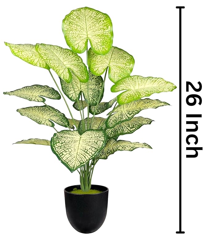 Dekorly Plastic Artificial Palm Plants Leaves Faux Turtle Leaf Fake Monstera Tropical Large Palm Tree Leaves Outdoor Leaf Decorations | 26Inch Plants with Blackpot (White-Green-Leaves)