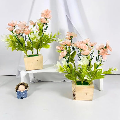 Dekorly Artificial Daisy Fake Flowers Plant Plastic Greenery Shrubs Plants for Home Garden Gifting Shelves Window Table Decor (Height : 25 CM, Pack of 2 Wooden Pot Plants)