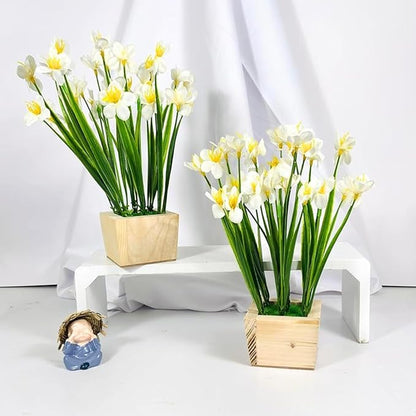 Dekorly Artificial Grass Bush with Daisies Flowers Wood Plants, Office Bedroom Living Room Tabletop Bathroom Decor for Indoor Plants Home Wedding Farmhouse Decor | Height : 25CM | Pack of 2