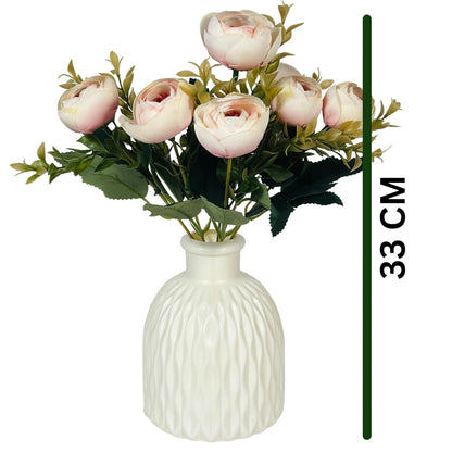 Dekorly Faux Silk,Plastic Artificial Peony Flowers Bunch|White Vase with Flowers Bunch|Artificial Plants for Home Office Hotel Decor|Bedroom Living Room Bathroom Decor (Light Pink)