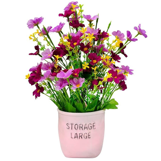 Pink pot with artificial flowers labeled 'Storage Large' on a white background