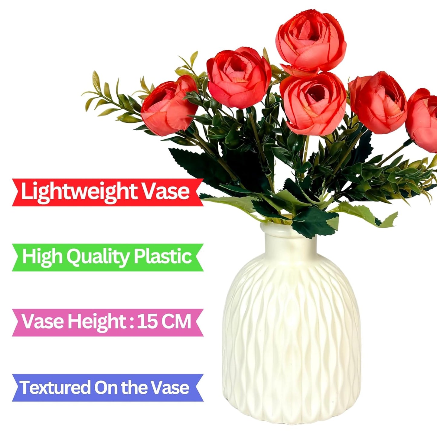 Dekorly Faux Silk, Plastic Artificial Peony Flowers Bunch | White Vase with Flowers Bunch | Artificial Plants for Home Office Hotel Decor | Bedroom Living Room Bathroom Decor (Peach)