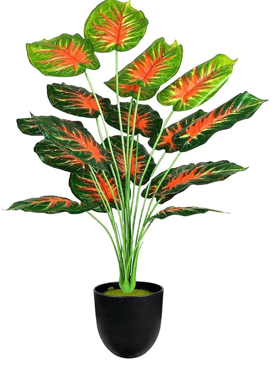 Dekorly Plastic Artificial Palm Plants Leaves Faux Turtle Leaf Fake Monstera Tropical Large Palm Tree Leaves Outdoor Leaf Decorations | 26Inch Plants with Blackpot (Red Leaves)