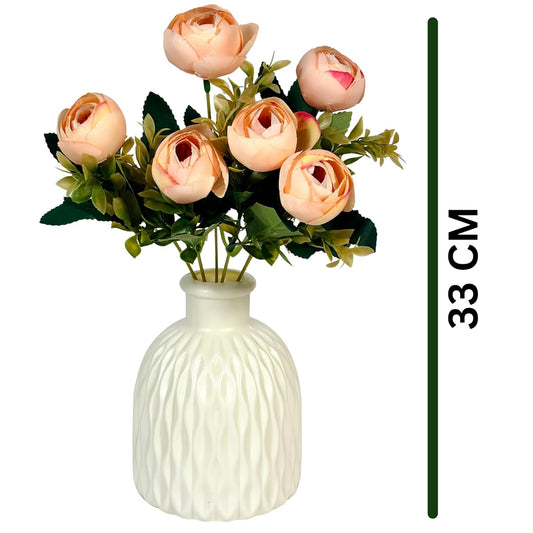Dekorly Artificial Peony Flowers Bunch | White Vase with Flowers Bunch | Artificial Plants for Home Office Hotel Decor | Bedroom Living Room Bathroom Decor (Cream)