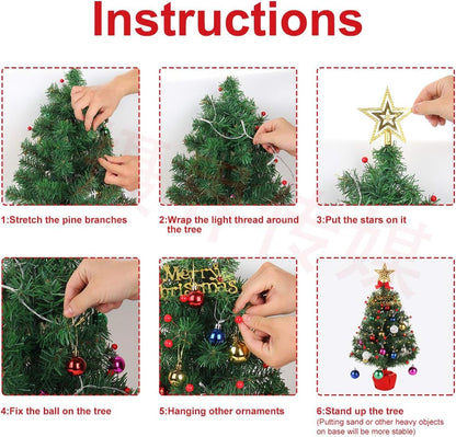 Dekorly Fully Decorated Tabletop Mini Christmas Tree (2 Ft.) - Prelit Artificial Desktop Tree with Ornaments, Perfect Xmas Decoration for Home & Office