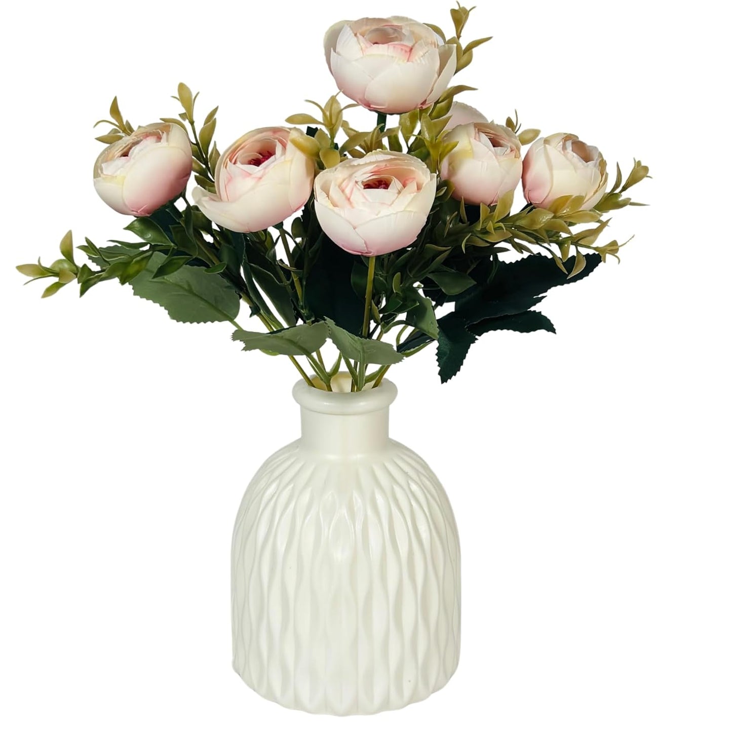 Dekorly Faux Silk,Plastic Artificial Peony Flowers Bunch|White Vase with Flowers Bunch|Artificial Plants for Home Office Hotel Decor|Bedroom Living Room Bathroom Decor (Light Pink)