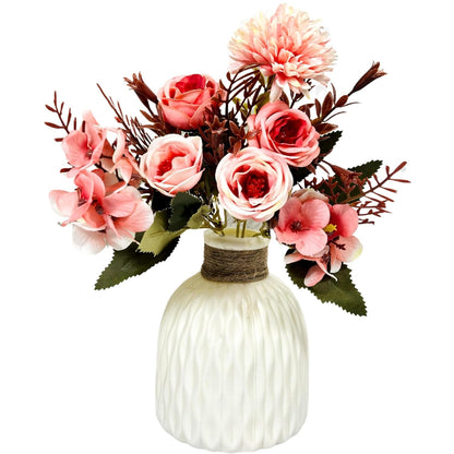 Dekorly Artificial Chrysanthemum with Hydrangea Rose Flowers with Jute Pot Faux Flowers in Fake Flowers Bouquet for Centerpiece Table Decorations Home Office Kitchen Decor | Height 30 CM (Pink)