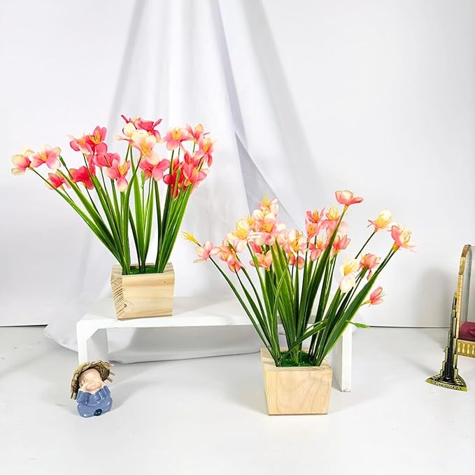 Dekorly Artificial Grass Bush with Daisies Flowers Wood Plants, Office Bedroom Living Room Tabletop Bathroom Decor for Indoor Plants Home Wedding Farmhouse Decor | Height : 25CM | Pack of 2