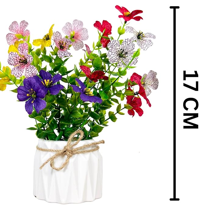 Dekorly Artificial Daisy Flower Eucalyptus Leves with Zigzag Pot Faux Flowers in Fake Flowers Bouquet for Table Decorations Home Office Kitchen Decor | Height 17 CM | Free Vase (Pack of 1)