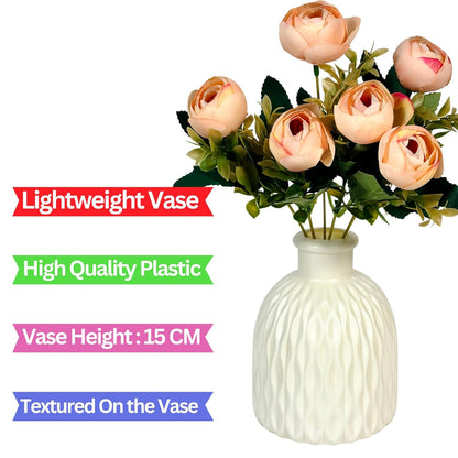 Dekorly Artificial Peony Flowers Bunch | White Vase with Flowers Bunch | Artificial Plants for Home Office Hotel Decor | Bedroom Living Room Bathroom Decor (Cream)