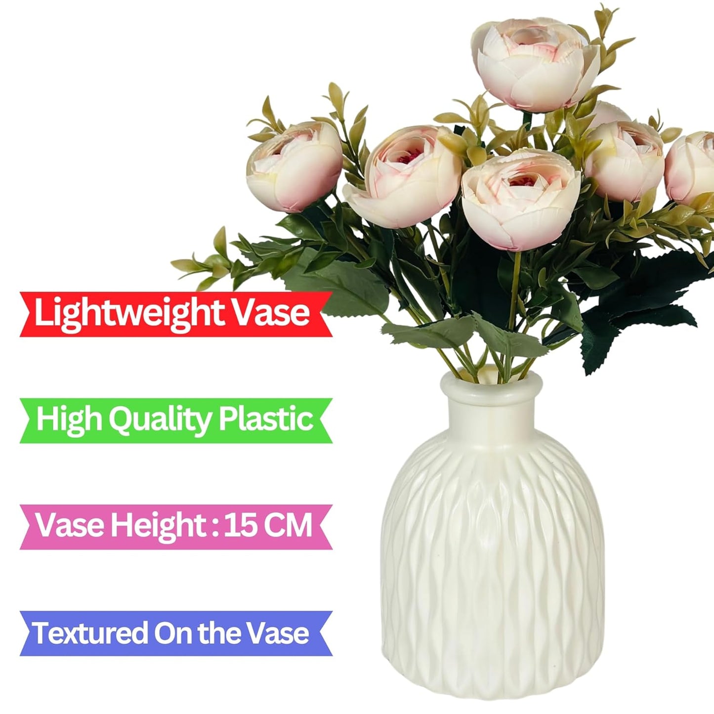 Dekorly Faux Silk,Plastic Artificial Peony Flowers Bunch|White Vase with Flowers Bunch|Artificial Plants for Home Office Hotel Decor|Bedroom Living Room Bathroom Decor (Light Pink)