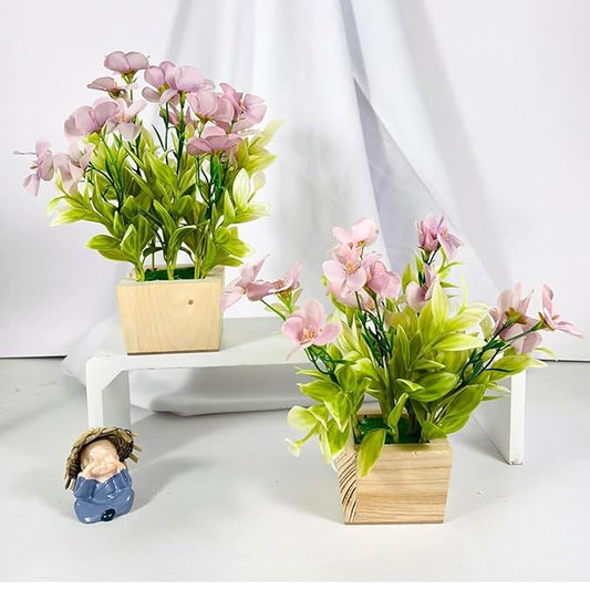 Dekorly Artificial Daisy Fake Flowers Plant Plastic Greenery Shrubs Plants for Home Garden Gifting Shelves Window Table Decor (Height : 25 CM, Pack of 2 Wooden Pot Plants)