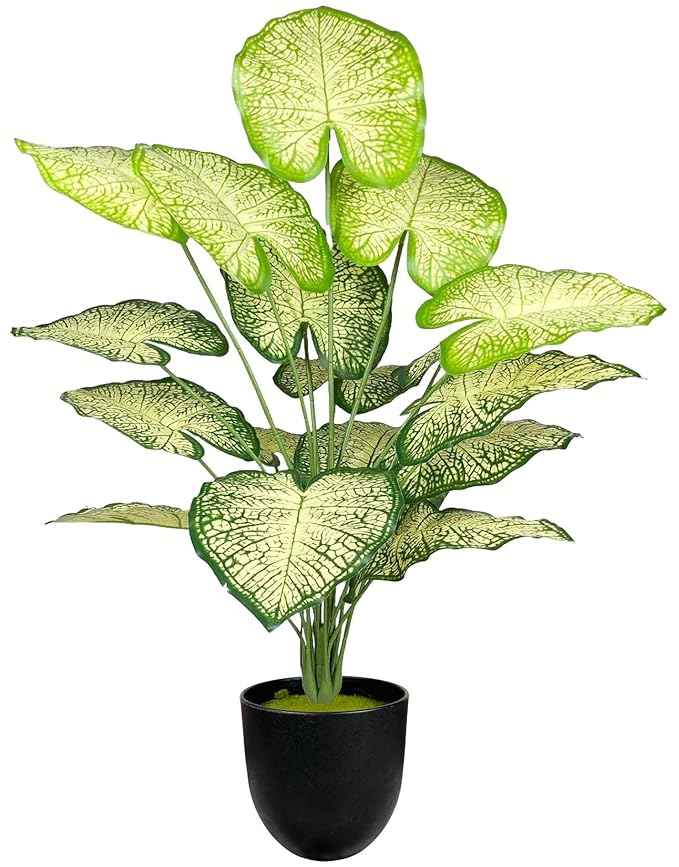 Dekorly Plastic Artificial Palm Plants Leaves Faux Turtle Leaf Fake Monstera Tropical Large Palm Tree Leaves Outdoor Leaf Decorations | 26Inch Plants with Blackpot (White-Green-Leaves)