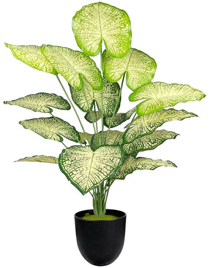 Dekorly Plastic Artificial Palm Plants Leaves Faux Turtle Leaf Fake Monstera Tropical Large Palm Tree Leaves Outdoor Leaf Decorations | 26Inch Plants with Blackpot (White-Green-Leaves)