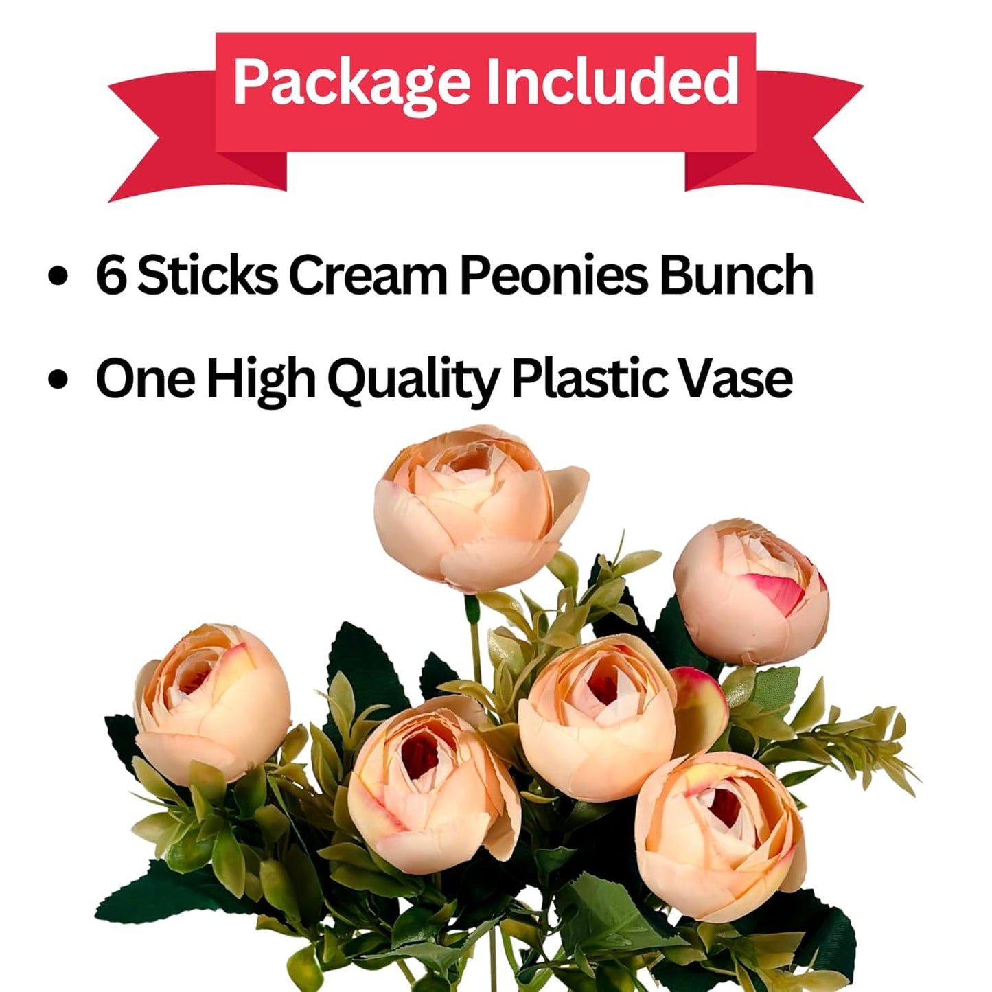 Dekorly Artificial Peony Flowers Bunch | White Vase with Flowers Bunch | Artificial Plants for Home Office Hotel Decor | Bedroom Living Room Bathroom Decor (Cream)