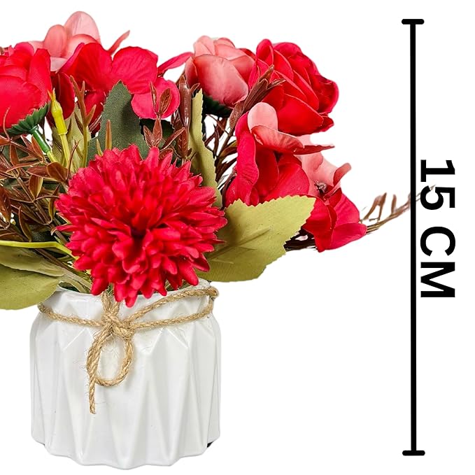 Dekorly Artificial Chrysanthemum with Hydrangea Rose Flowers with Zigzag Pot Faux Flowers in Fake Flowers Bouquet for Table Decorations Home Office Kitchen Decor | Height 12 CM