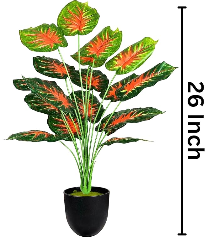 Dekorly Plastic Artificial Palm Plants Leaves Faux Turtle Leaf Fake Monstera Tropical Large Palm Tree Leaves Outdoor Leaf Decorations | 26Inch Plants with Blackpot (Red Leaves)