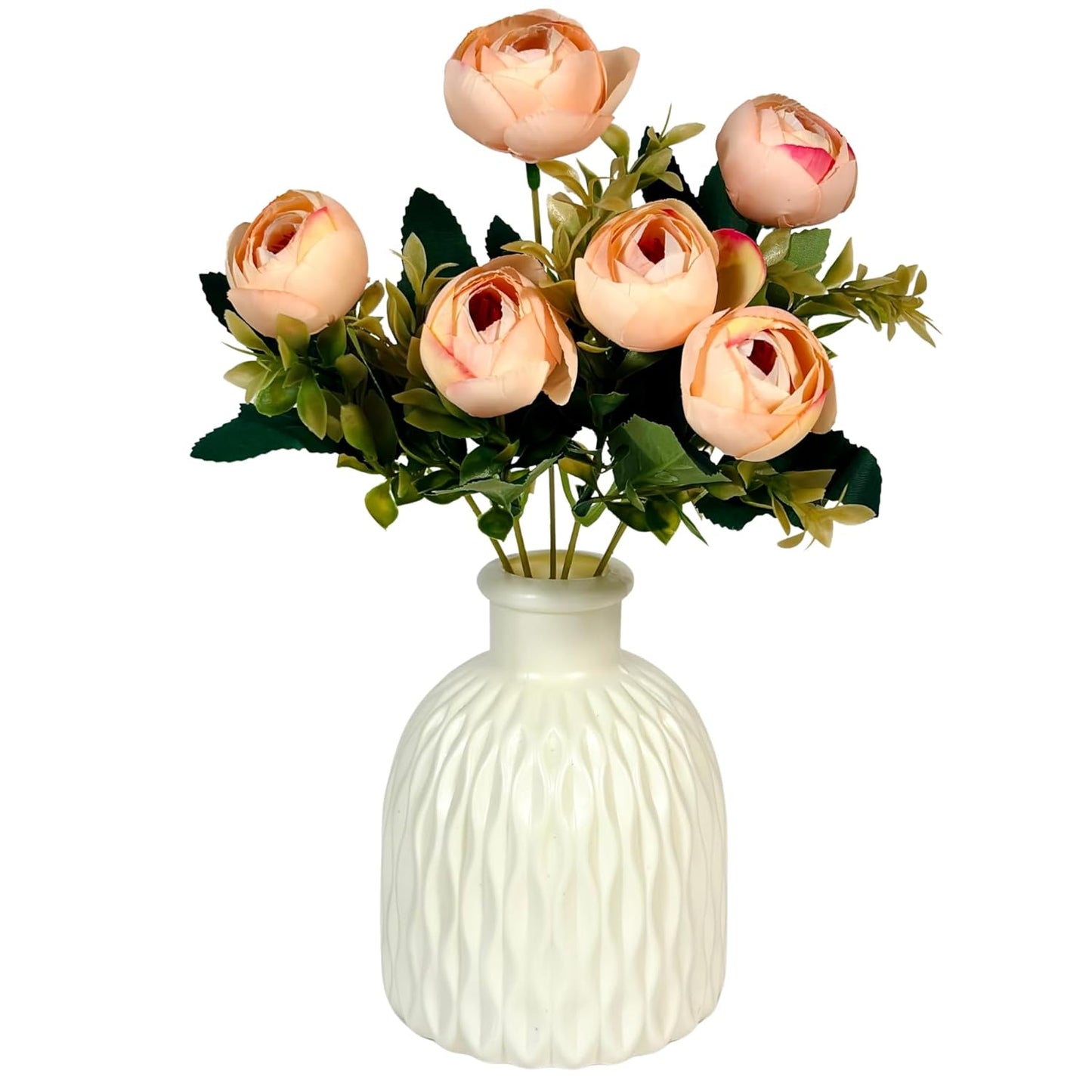 Dekorly Artificial Peony Flowers Bunch | White Vase with Flowers Bunch | Artificial Plants for Home Office Hotel Decor | Bedroom Living Room Bathroom Decor (Cream)