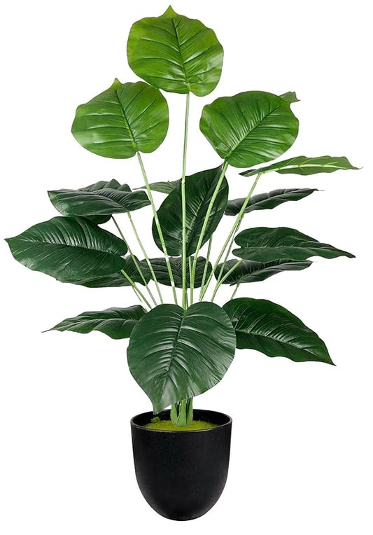 Dekorly Plastic Artificial Palm Plants Leaves Faux Turtle Leaf Monstera Tropical Large Palm Tree Leaves Outdoor Leaf Decorations | 26Inch Plants with Blackpot (Green Leaves)