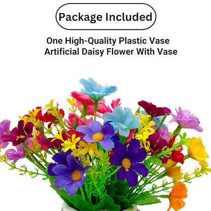 Dekorly Artificial Daisy Flowers with Zigzag Pot Faux Flowers in Fake Flowers Bouquet for Table Decorations Home Office Kitchen Decor | Height 12 CM | (Multicolor)