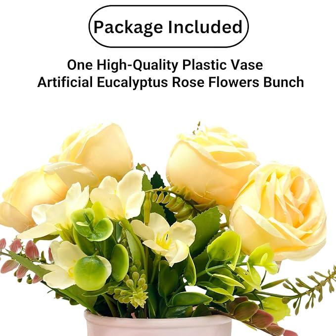 Dekorly Artificial Silk Roses Flowers with Pink Vase,Fake Eucalyptus Flower Arrangement for Home Office Hotel Bathroom Dining Table Decorations Restaurant Decor | Height 30 CM