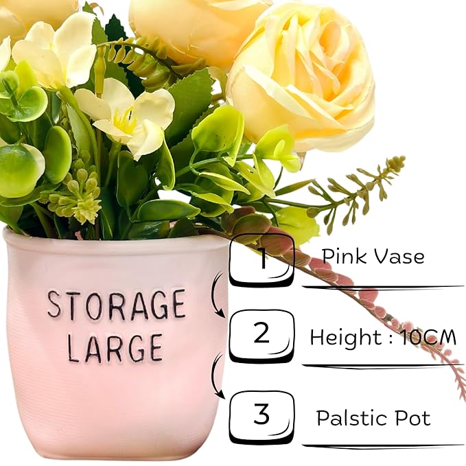 Dekorly Artificial Silk Roses Flowers with Pink Vase,Fake Eucalyptus Flower Arrangement for Home Office Hotel Bathroom Dining Table Decorations Restaurant Decor | Height 30 CM
