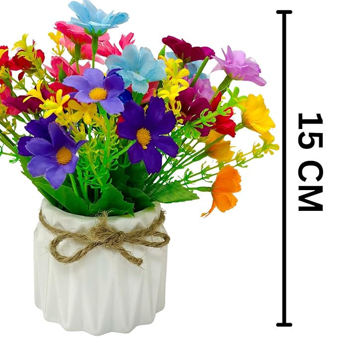Dekorly Artificial Daisy Flowers with Zigzag Pot Faux Flowers in Fake Flowers Bouquet for Table Decorations Home Office Kitchen Decor | Height 12 CM | (Multicolor)