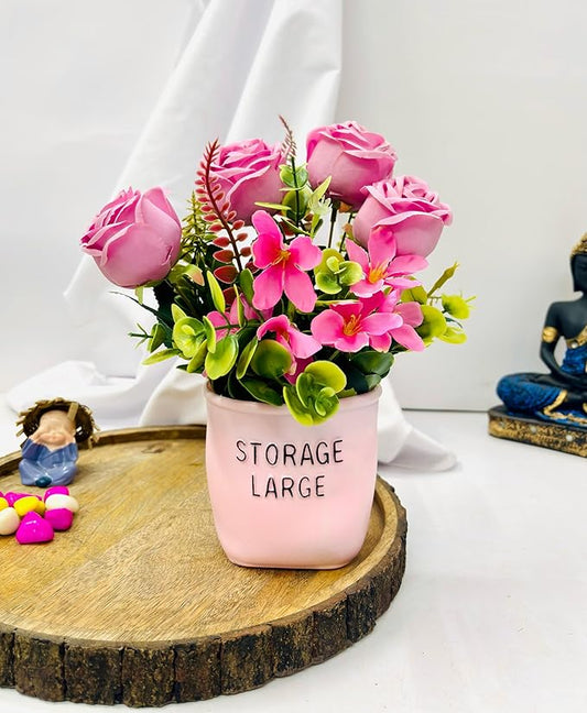 Dekorly Artificial Silk Roses Flowers with Pink Vase,Fake Eucalyptus Flower Arrangement for Home Office Hotel Bathroom Dining Table Decorations Restaurant Decor | Height 30 CM