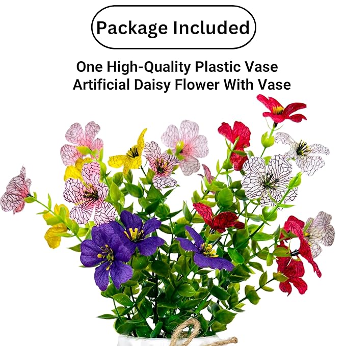 Dekorly Artificial Daisy Flower Eucalyptus Leves with Zigzag Pot Faux Flowers in Fake Flowers Bouquet for Table Decorations Home Office Kitchen Decor | Height 17 CM | Free Vase (Pack of 1)