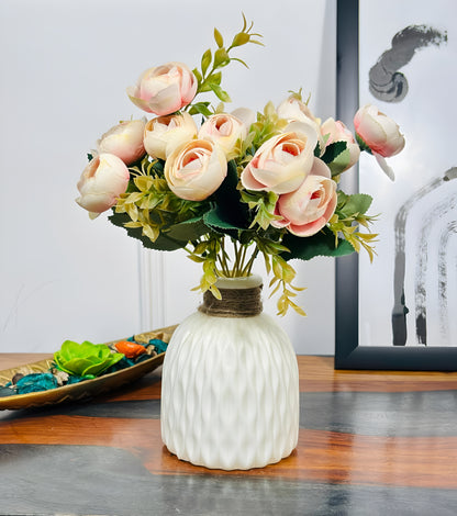 Dekorly Faux Silk,Plastic Artificial Peony Flowers Bunch|White Vase with Flowers Bunch|Artificial Plants for Home Office Hotel Decor|Bedroom Living Room Bathroom Decor (Light Pink)