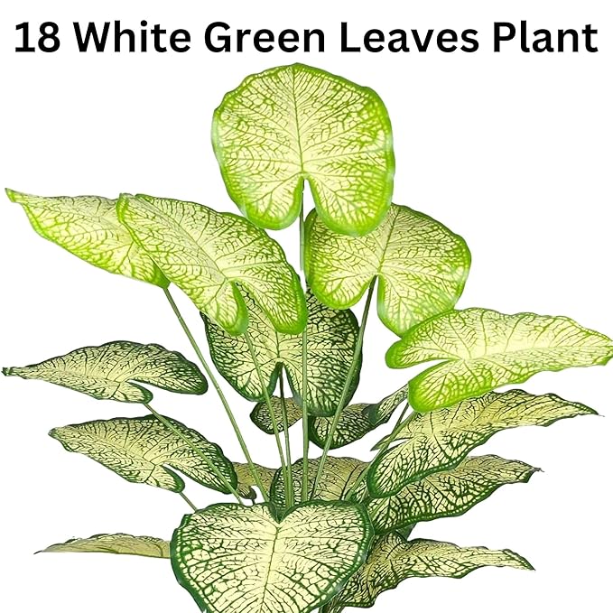 Dekorly Plastic Artificial Palm Plants Leaves Faux Turtle Leaf Fake Monstera Tropical Large Palm Tree Leaves Outdoor Leaf Decorations | 26Inch Plants with Blackpot (White-Green-Leaves)