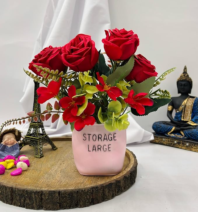 Dekorly Artificial Silk Roses Flowers with Pink Vase,Fake Eucalyptus Flower Arrangement for Home Office Hotel Bathroom Dining Table Decorations Restaurant Decor | Height 30 CM